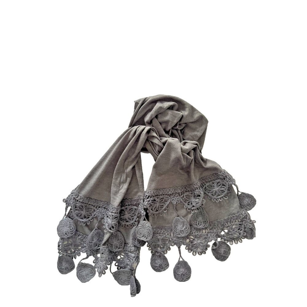 Charcoal Gray Jersey Knit Scarf 72" L x 16" W Detailed Crochet Gift